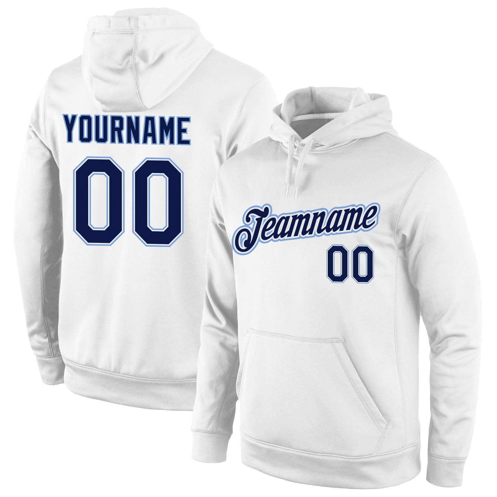 Custom Stitched White Navy-Light Blue Sports Pullover Sweatshirt Hoodie - Main View