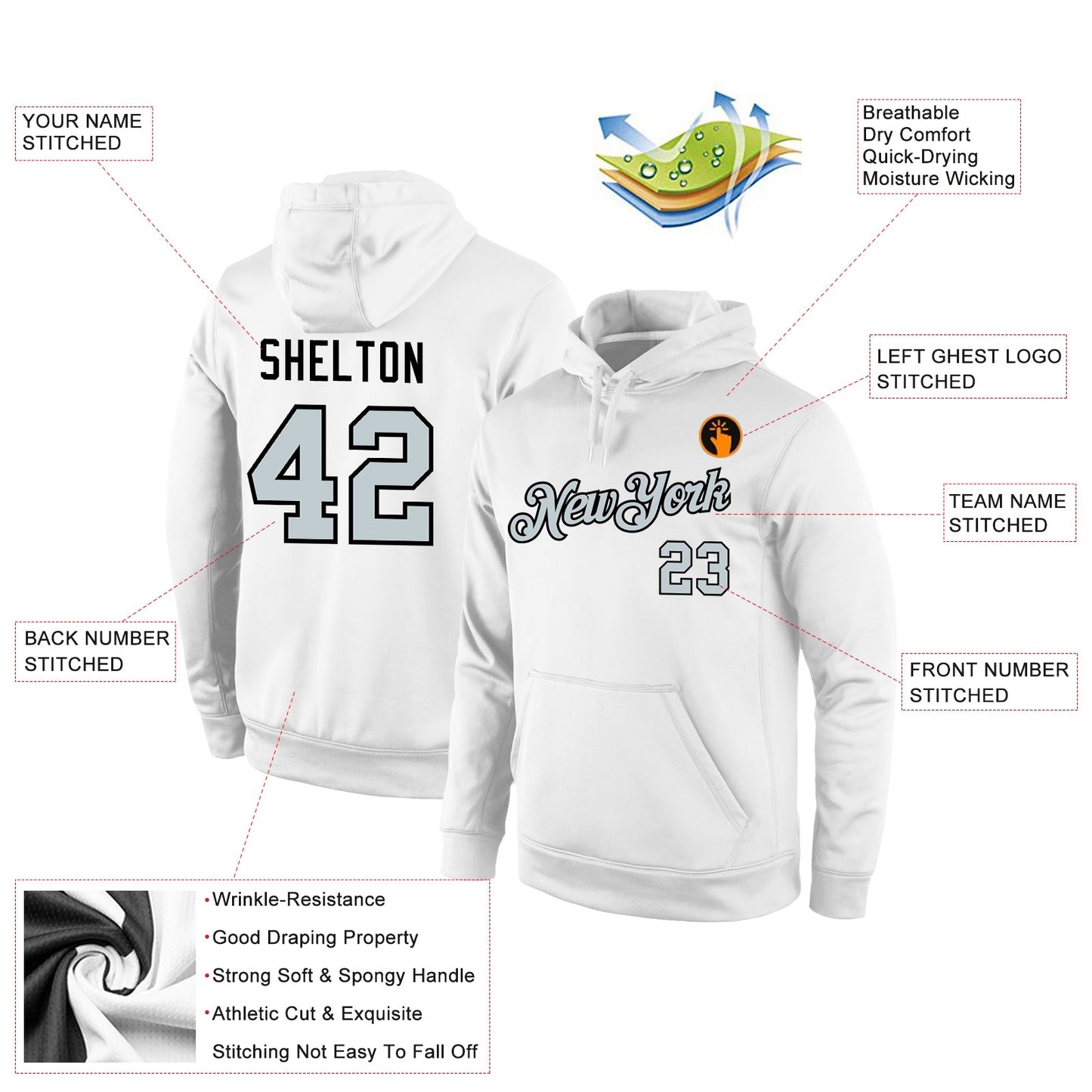 Custom Stitched White Silver-Black Sports Pullover Sweatshirt Hoodie view 4