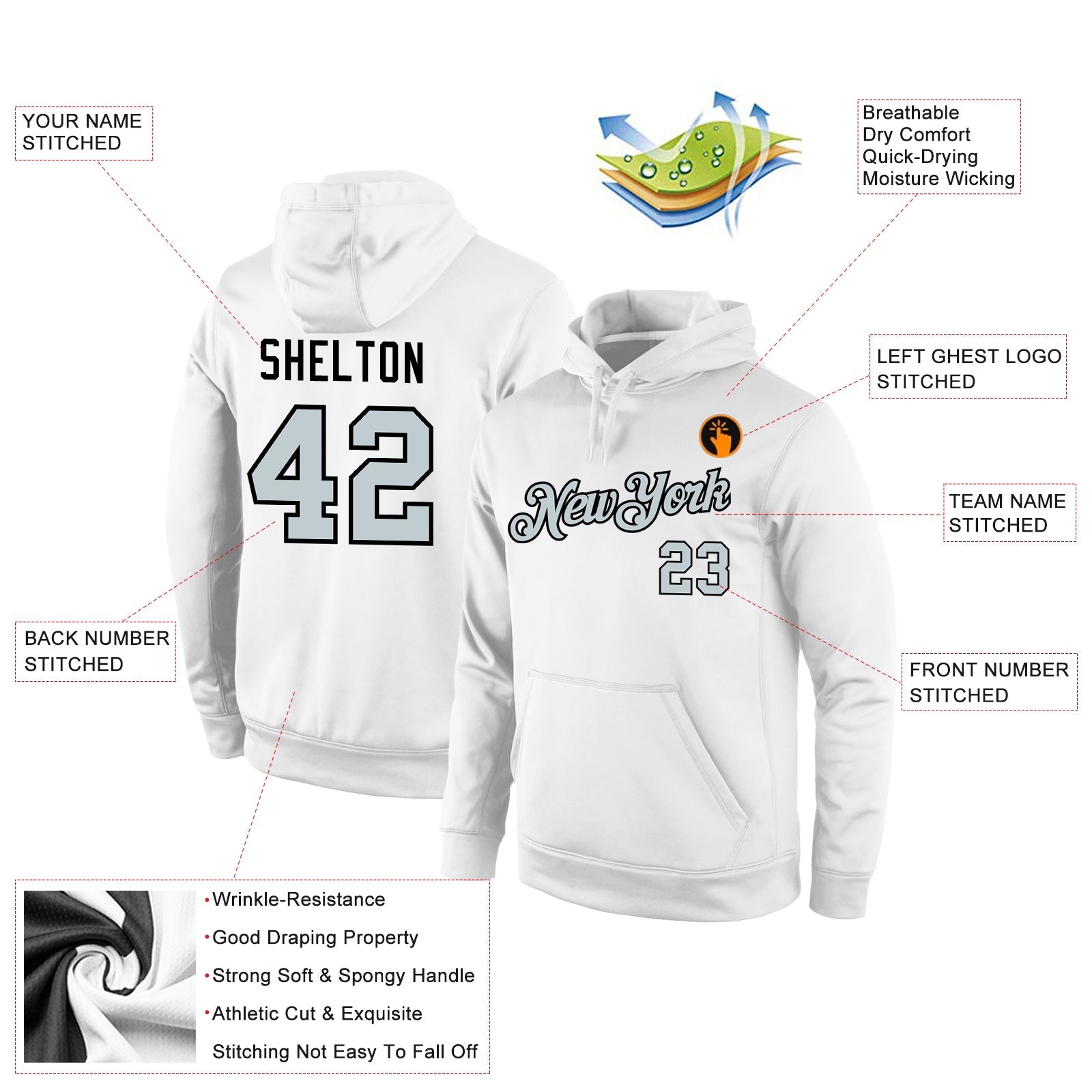 Custom Stitched White Silver-Black Sports Pullover Sweatshirt Hoodie view 4