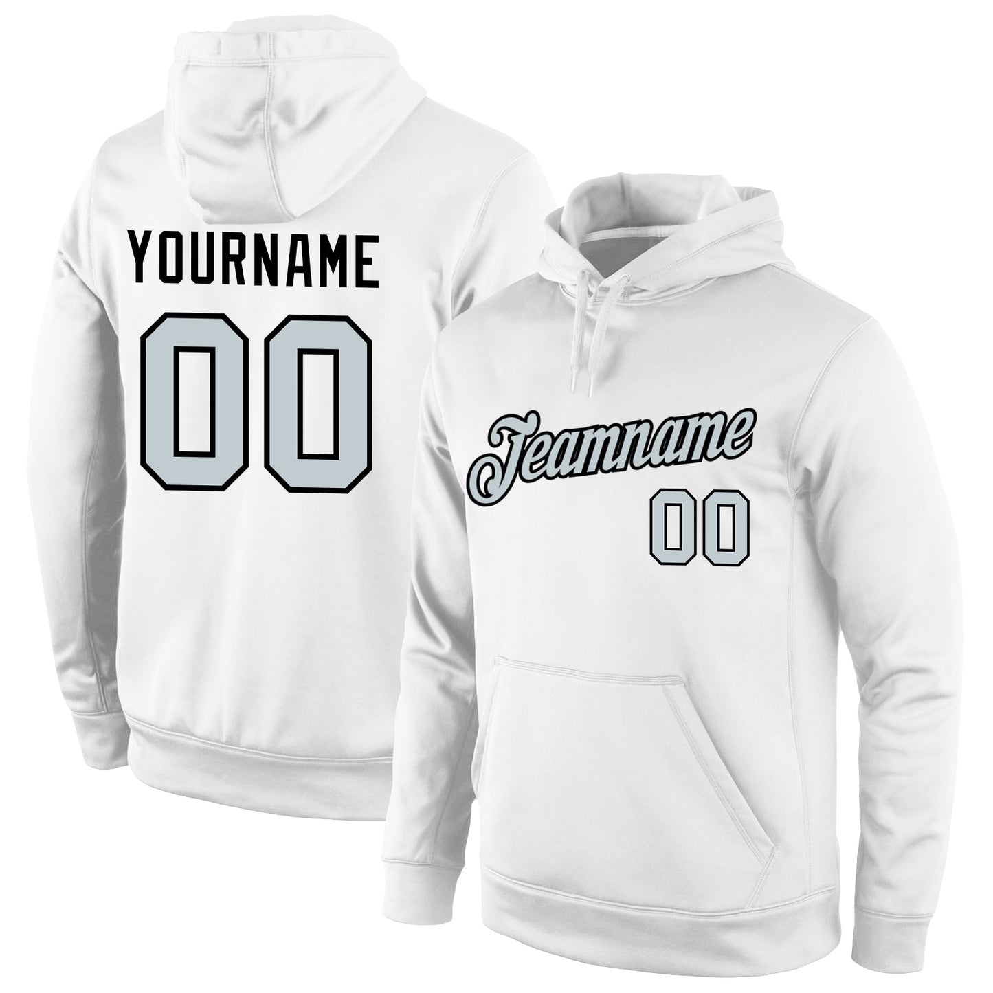 Custom Stitched White Silver-Black Sports Pullover Sweatshirt Hoodie - Main View