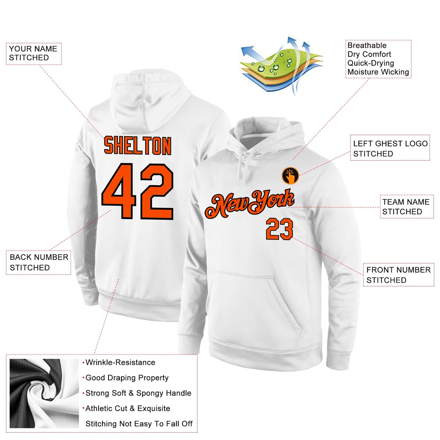 Custom Stitched White Orange-Black Sports Pullover Sweatshirt Hoodie view 4