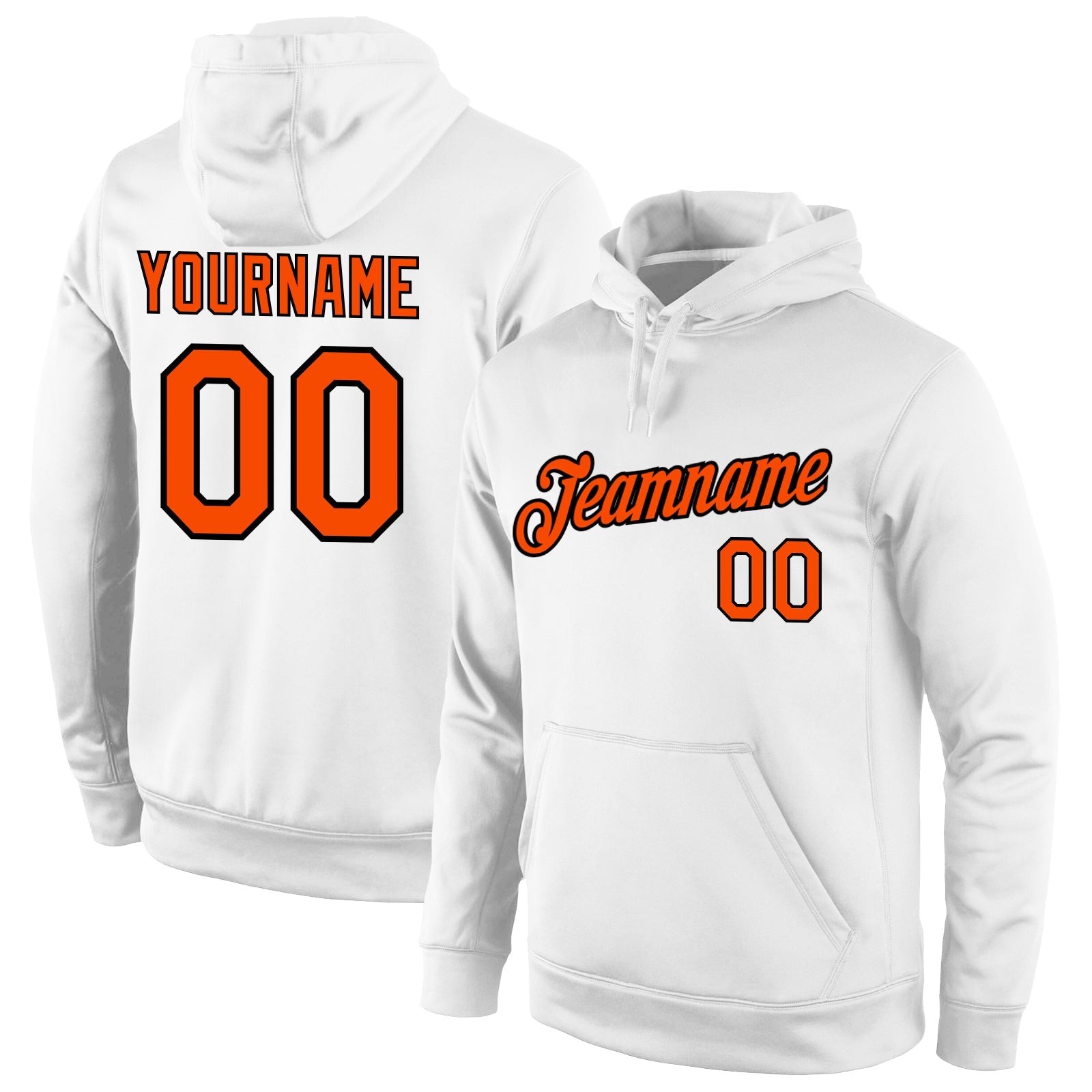 Custom Stitched White Orange-Black Sports Pullover Sweatshirt Hoodie - Main View