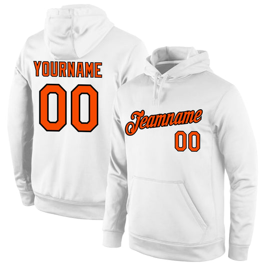 Custom Stitched White Orange-Black Sports Pullover Sweatshirt Hoodie - Main View
