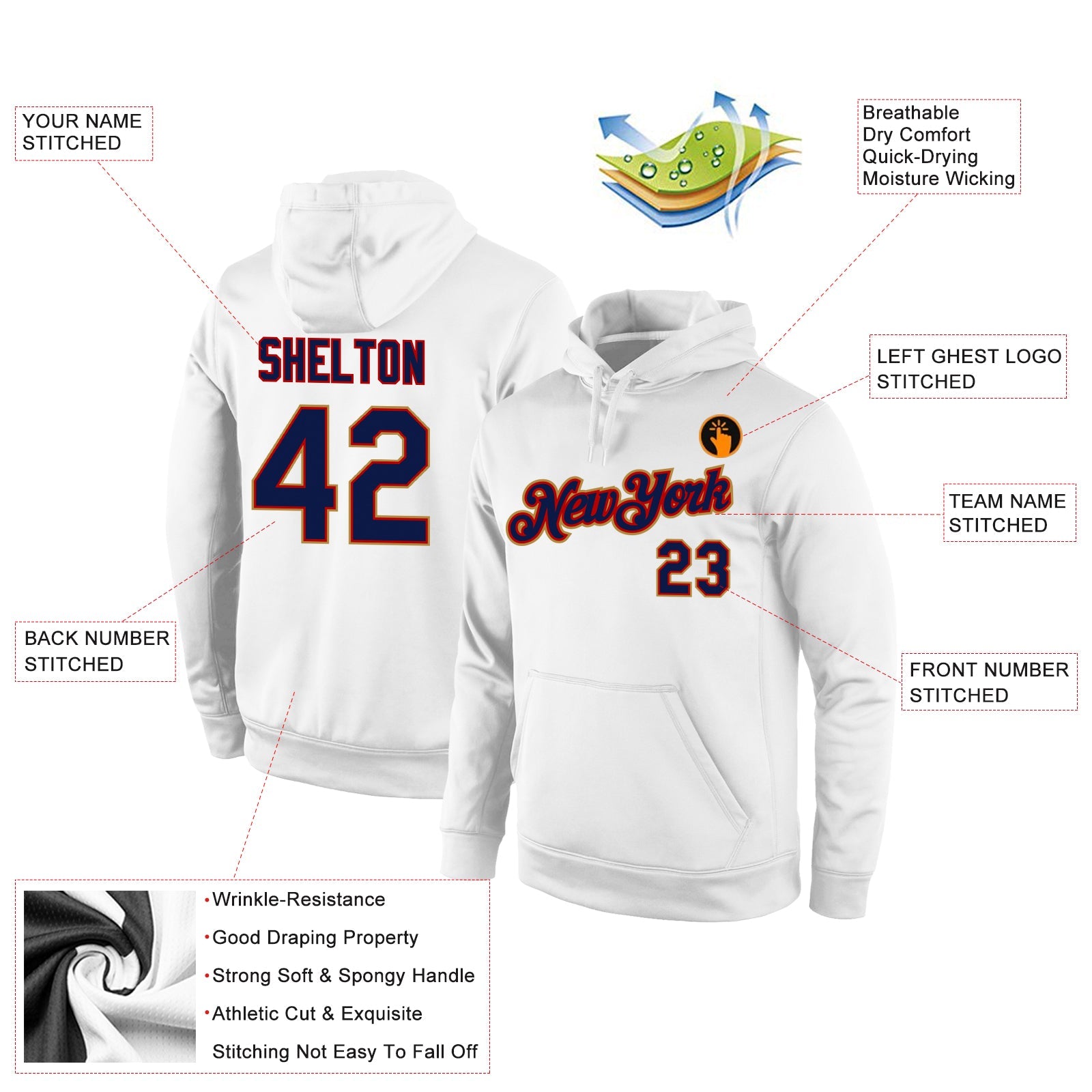 Custom Stitched White Navy-Old Gold Sports Pullover Sweatshirt Hoodie view 4