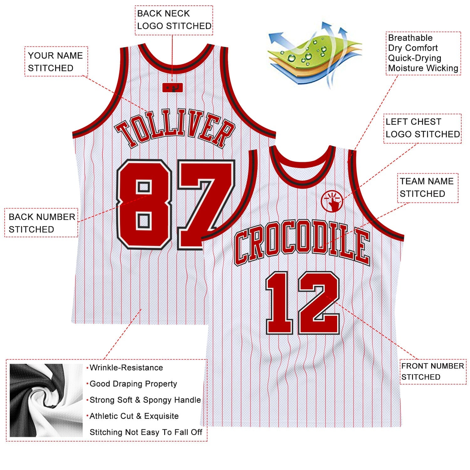 Custom White Red Pinstripe Red-Black Authentic Basketball Jersey view 2