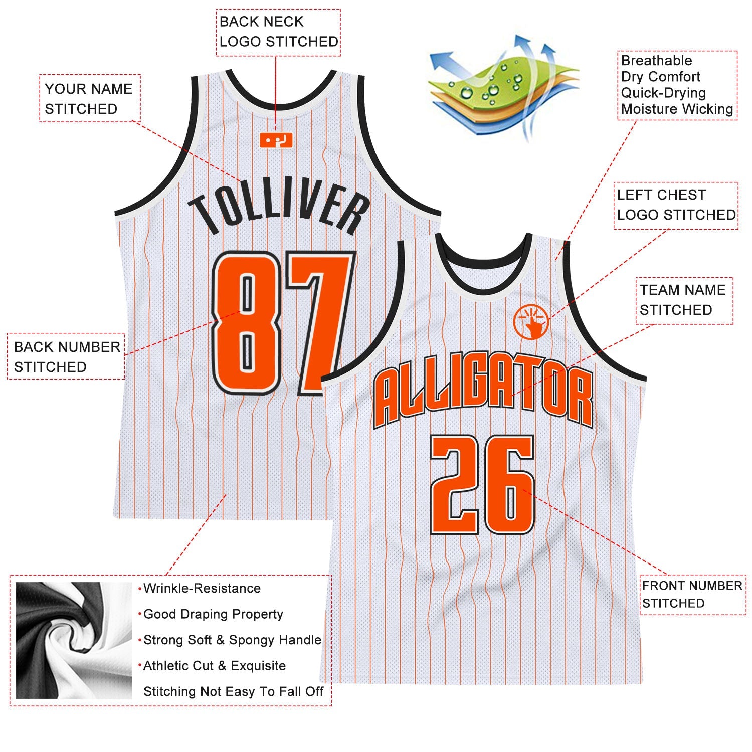 Custom White Orange Pinstripe Orange-Black Authentic Basketball Jersey view 2