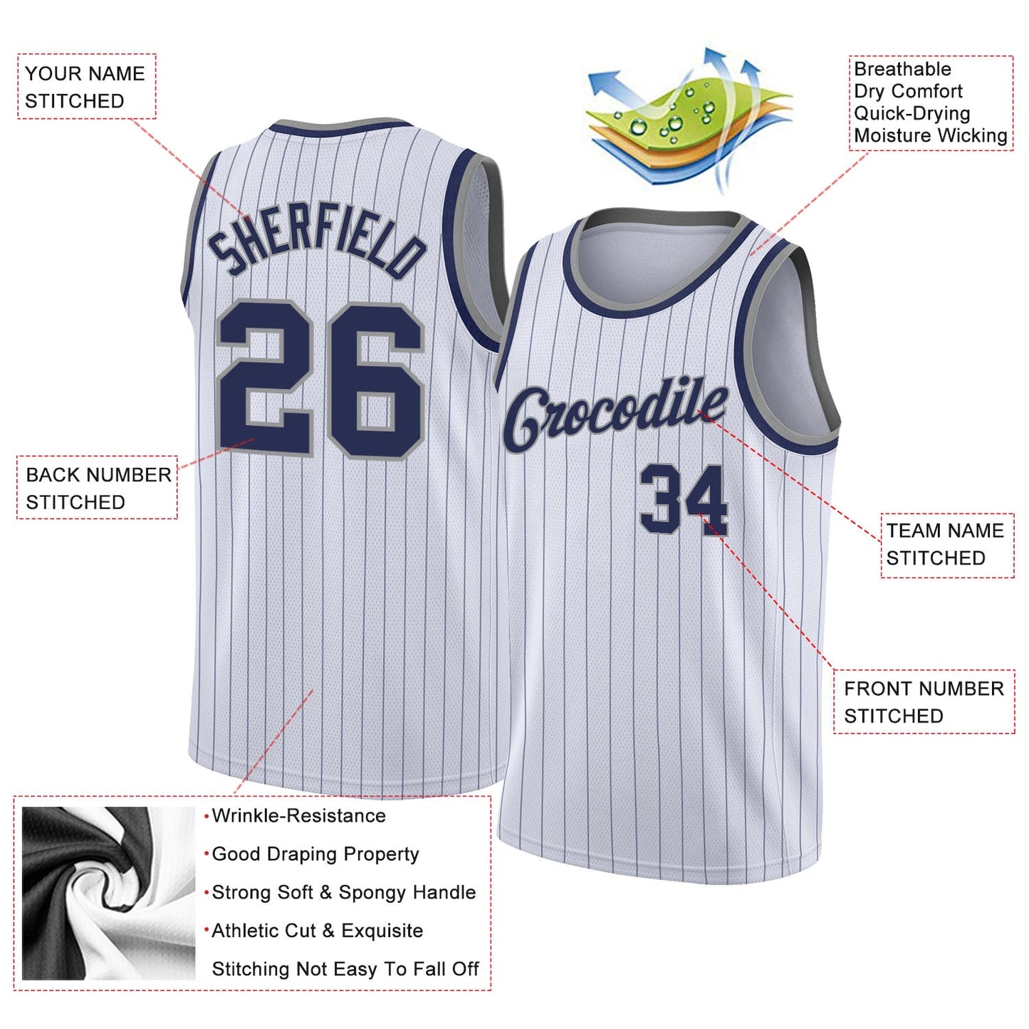 Custom White Navy Pinstripe Navy-Gray Authentic Basketball Jersey view 2