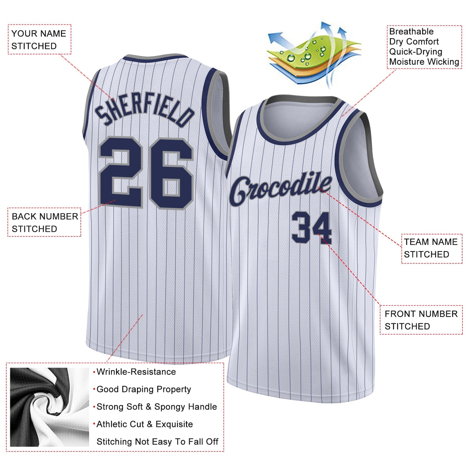 Custom White Navy Pinstripe Navy-Gray Authentic Basketball Jersey view 2