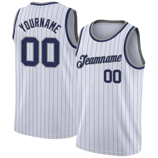 Custom White Navy Pinstripe Navy-Gray Authentic Basketball Jersey - Main View