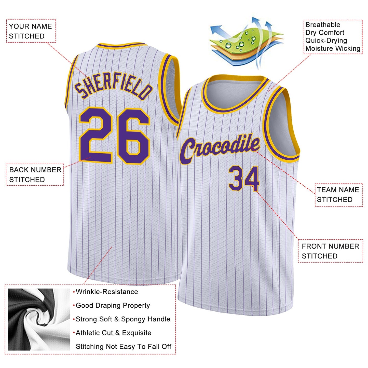 Custom White Purple Pinstripe Purple-Gold Authentic Basketball Jersey view 2