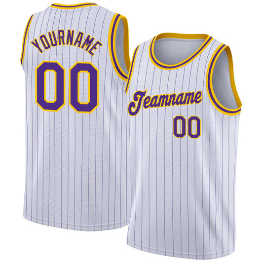 Custom White Purple Pinstripe Purple-Gold Authentic Basketball Jersey - Main View