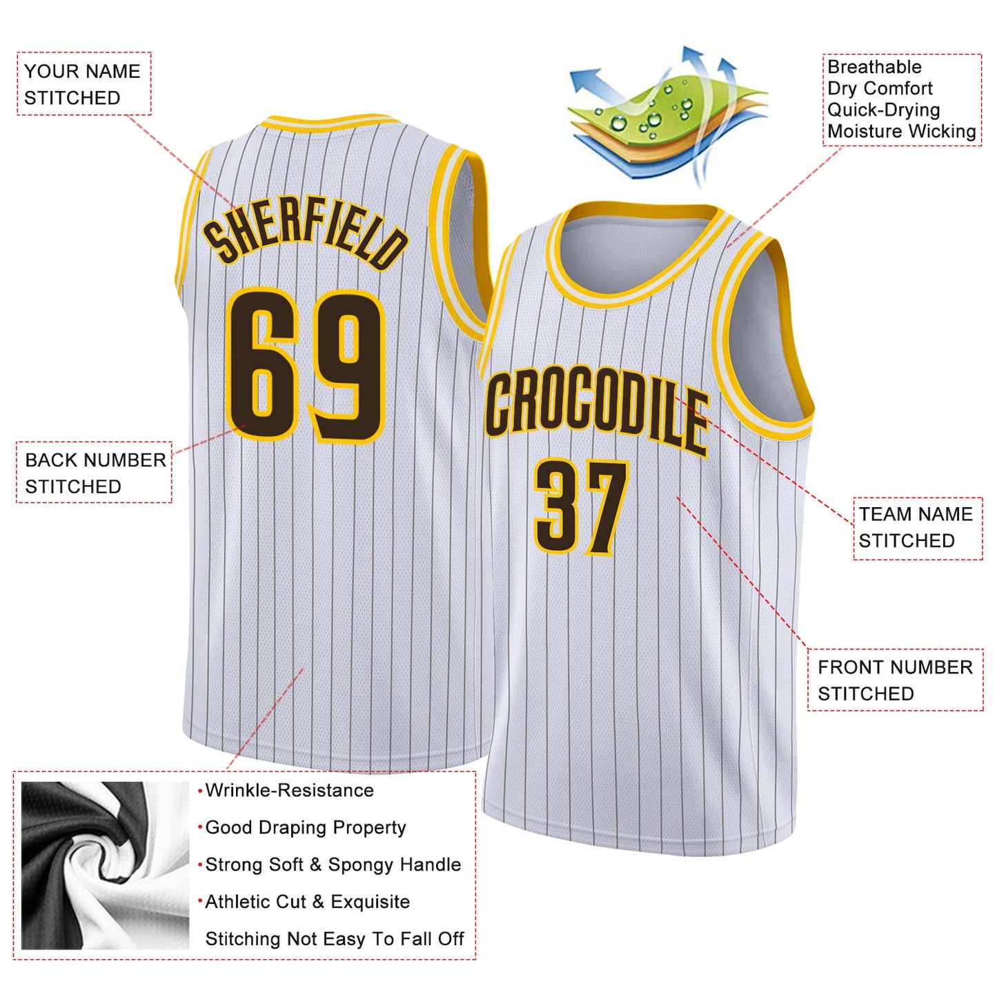 Custom White Brown Pinstripe Brown-Gold Authentic Basketball Jersey view 2