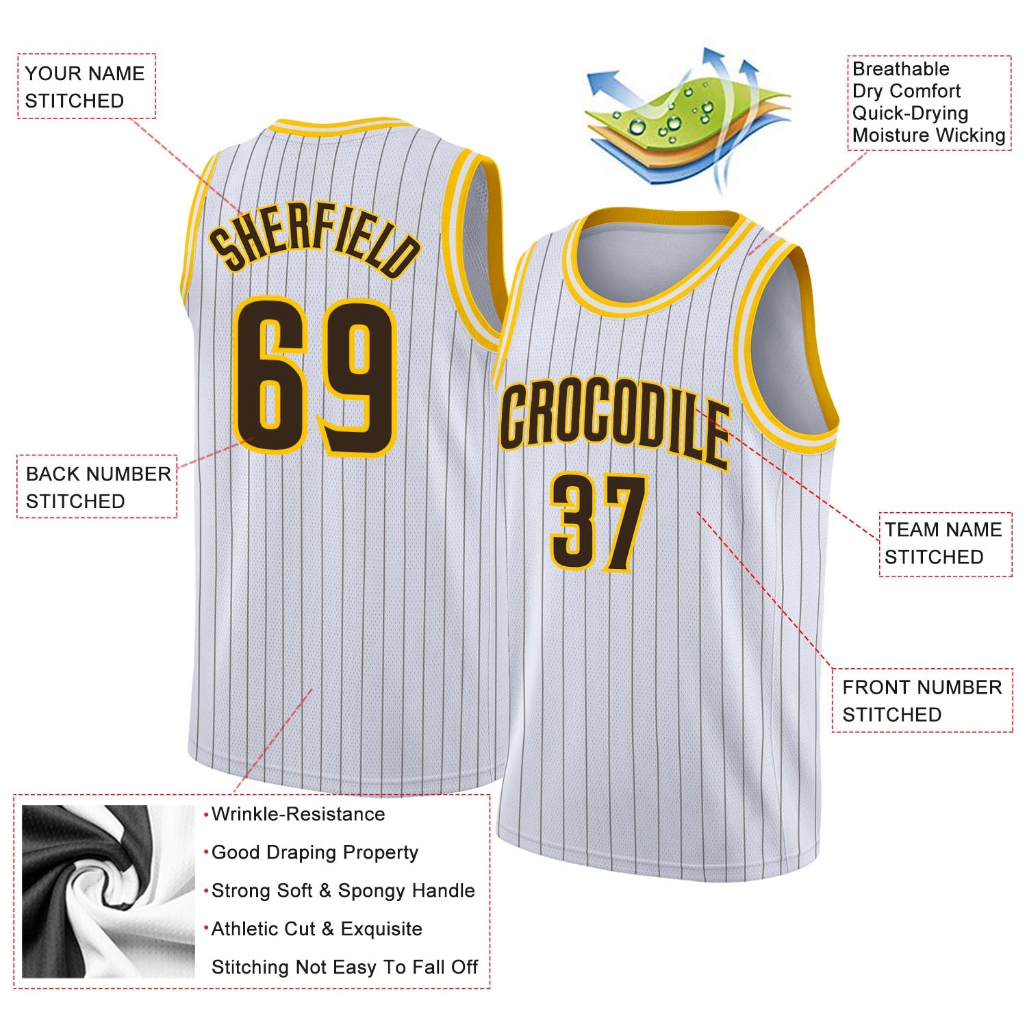 Custom White Brown Pinstripe Brown-Gold Authentic Basketball Jersey view 2