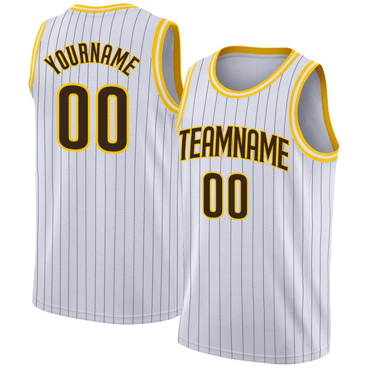 Custom White Brown Pinstripe Brown-Gold Authentic Basketball Jersey - Main View