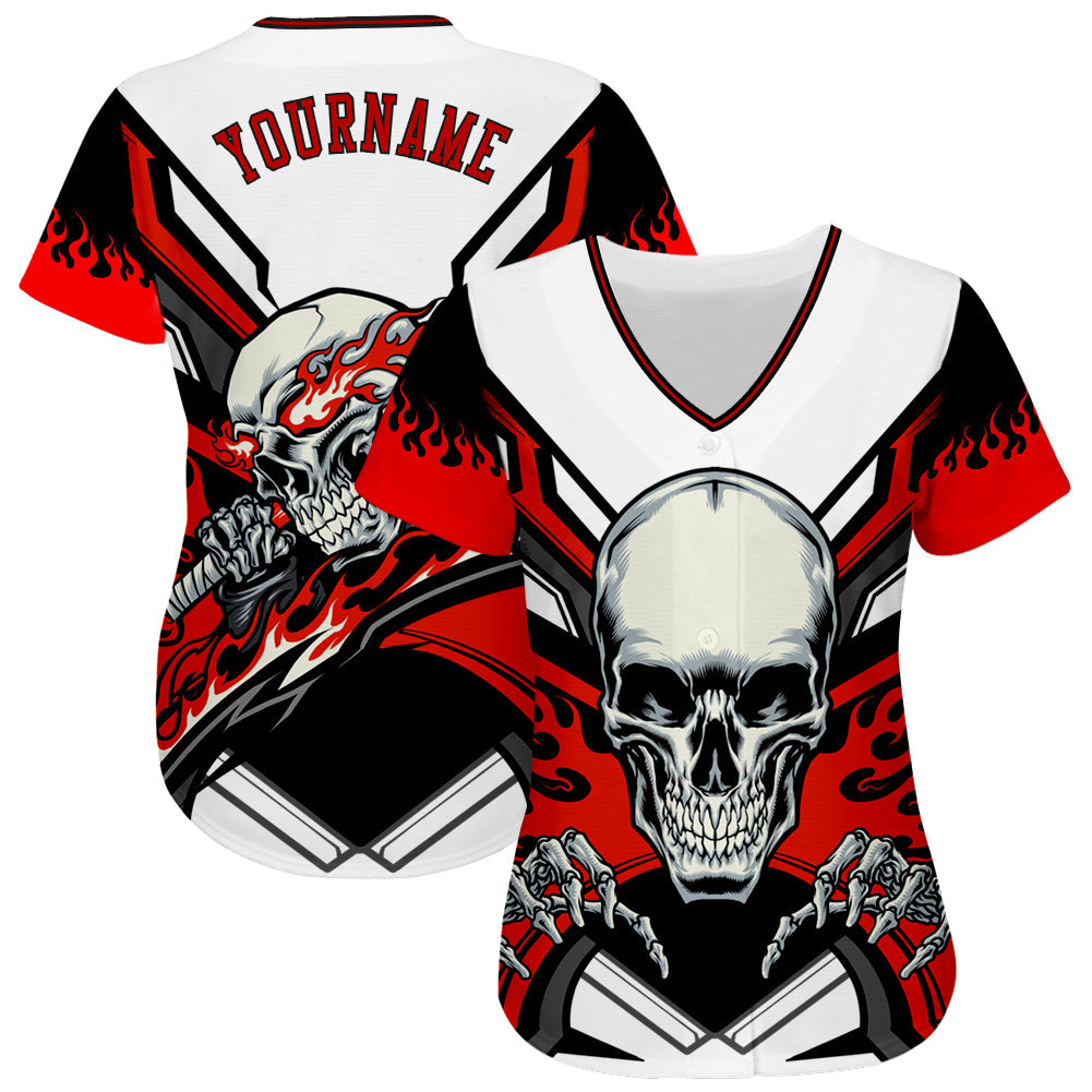 Custom White Red-Black 3D Skull Authentic Baseball Jersey view 2