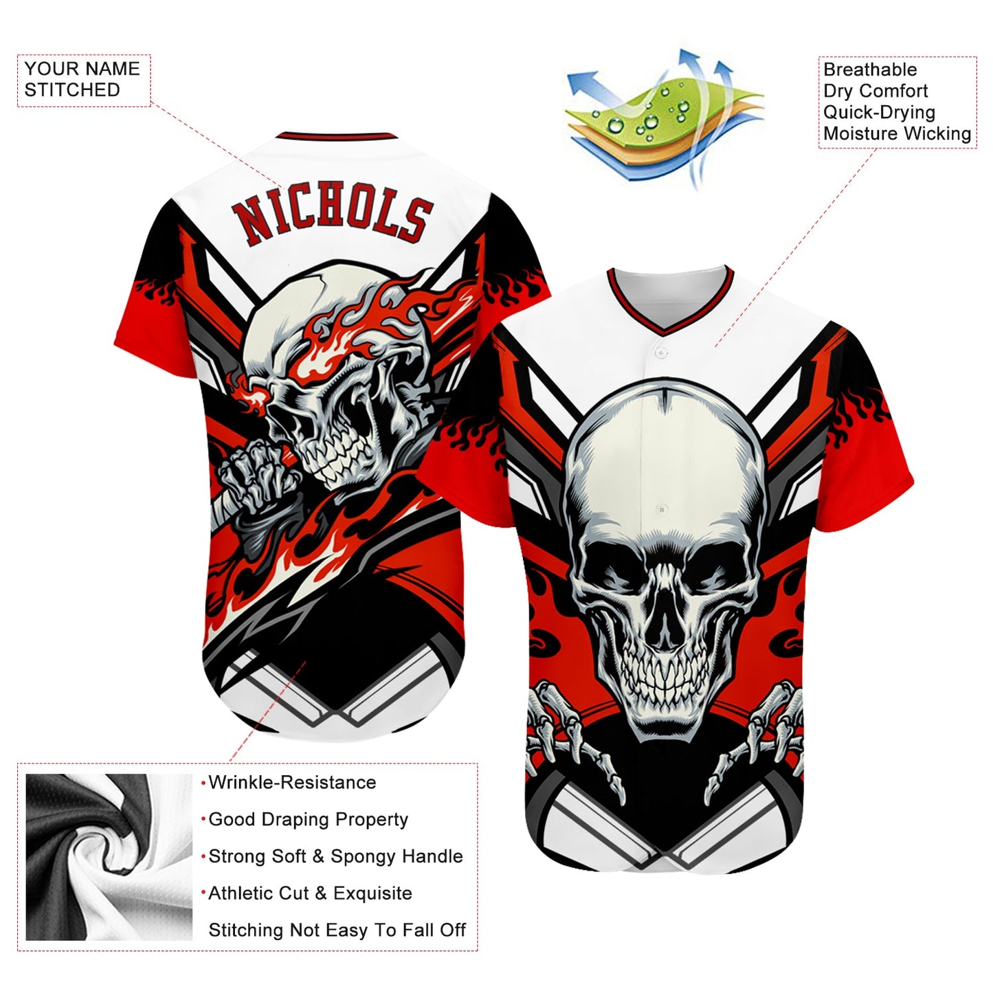 Custom White Red-Black 3D Skull Authentic Baseball Jersey view 3