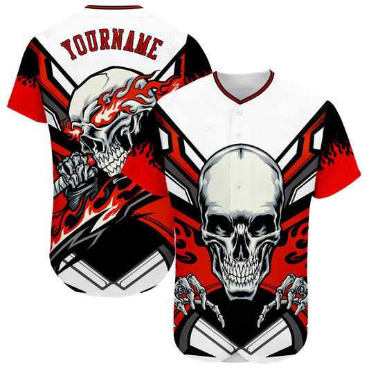 Custom White Red-Black 3D Skull Authentic Baseball Jersey - Main View