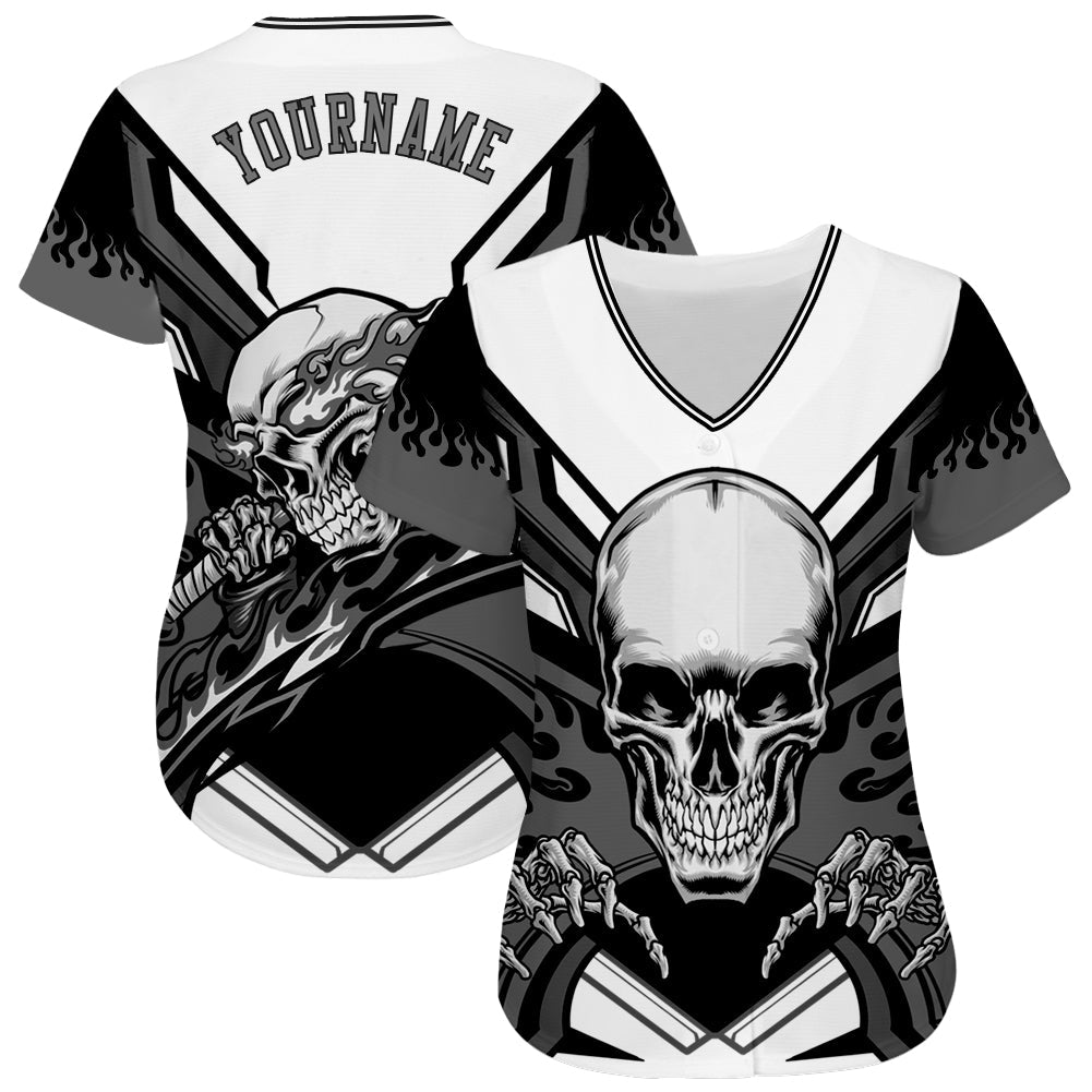 Custom White Gray-Black 3D Skull Authentic Baseball Jersey view 2