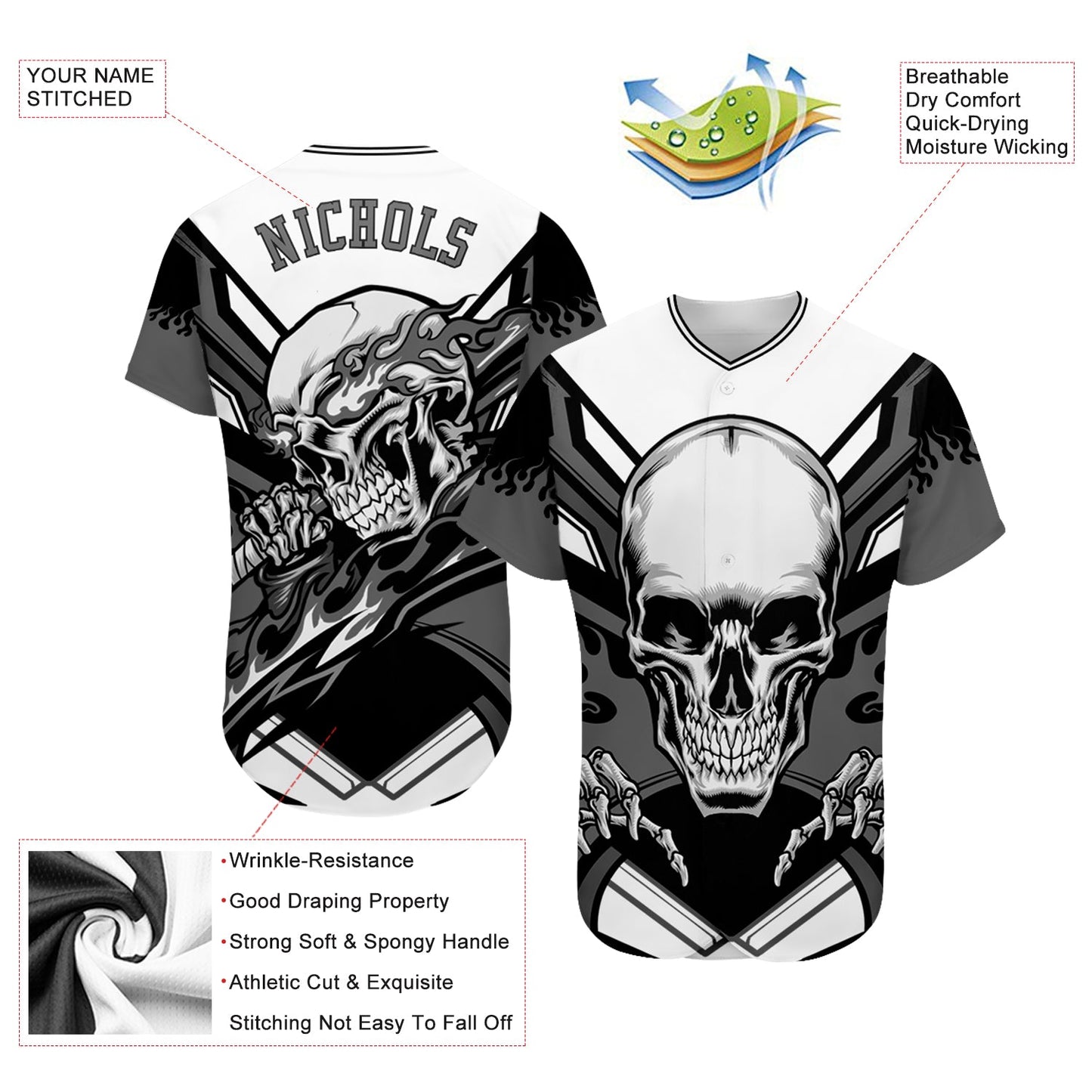 Custom White Gray-Black 3D Skull Authentic Baseball Jersey view 3