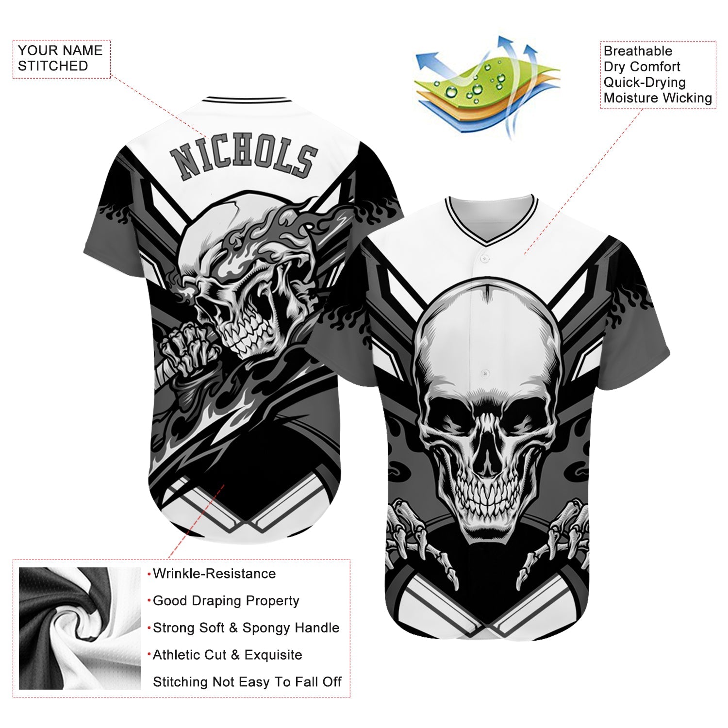 Custom White Gray-Black 3D Skull Authentic Baseball Jersey view 3