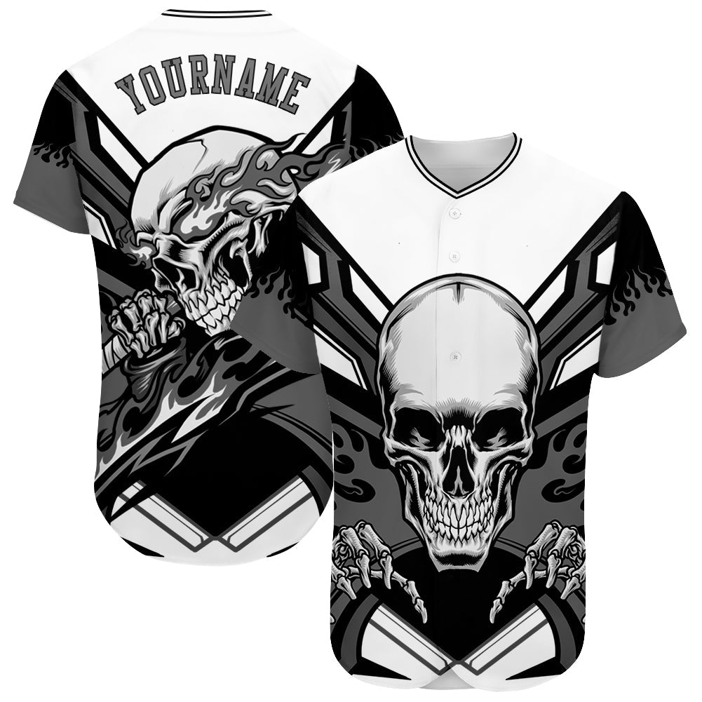 Custom White Gray-Black 3D Skull Authentic Baseball Jersey - Main View