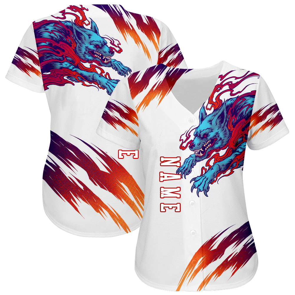Custom White White-Red 3D Wolf Authentic Baseball Jersey view 2