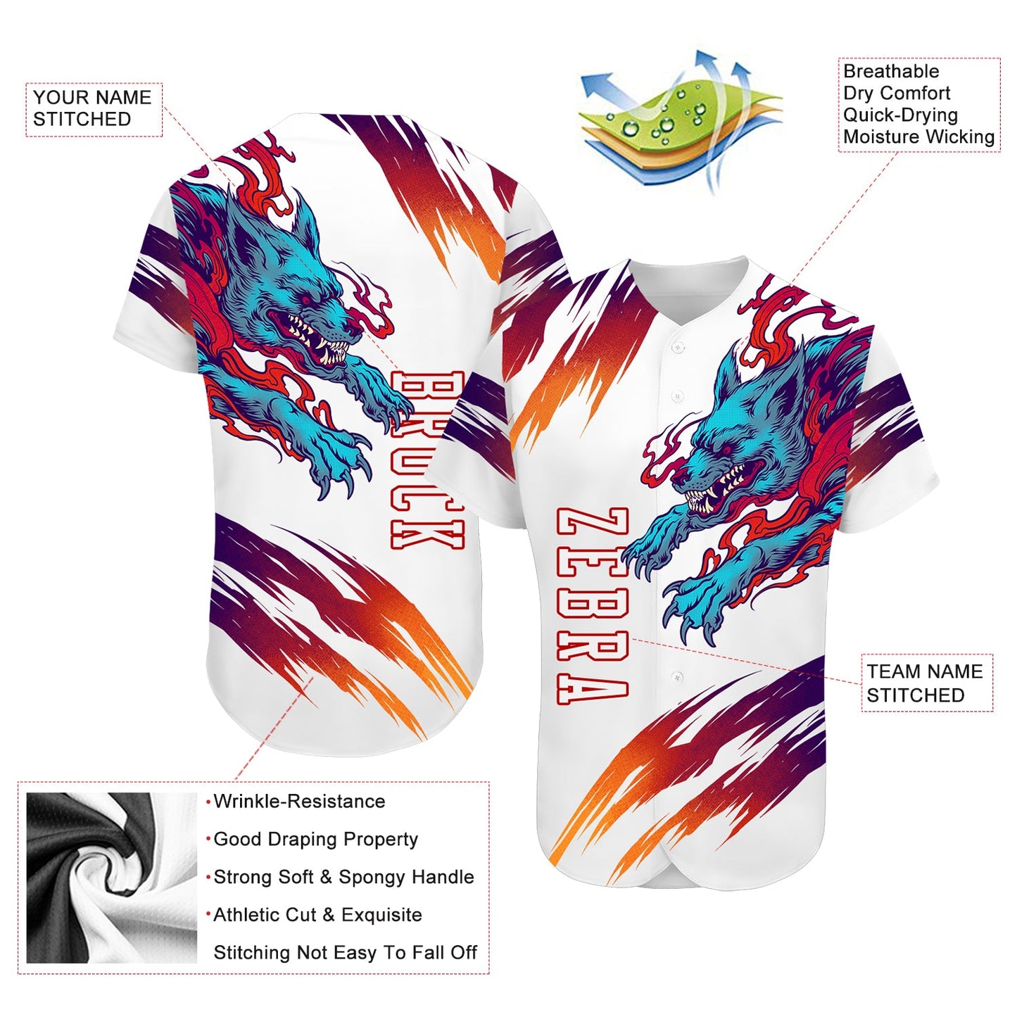 Custom White White-Red 3D Wolf Authentic Baseball Jersey view 3