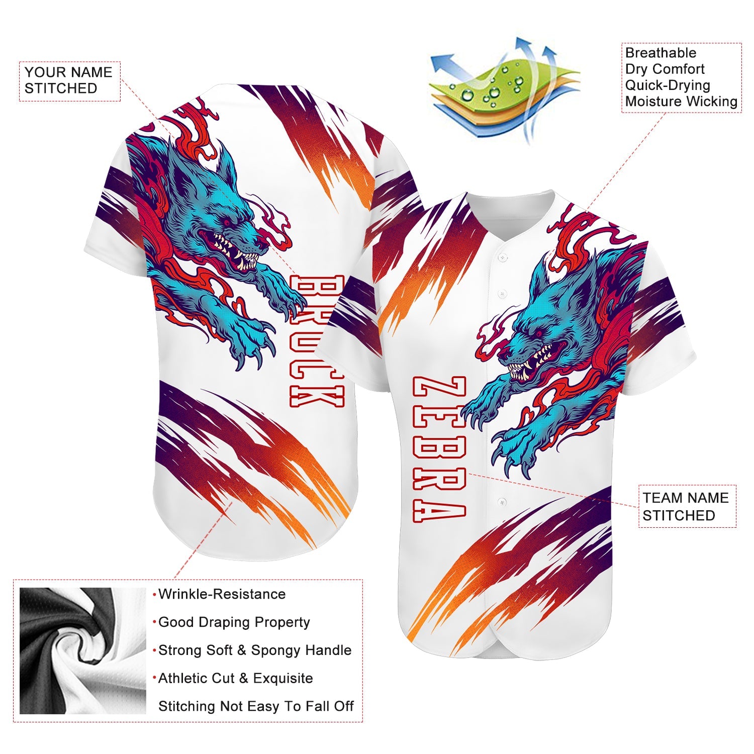 Custom White White-Red 3D Wolf Authentic Baseball Jersey view 3