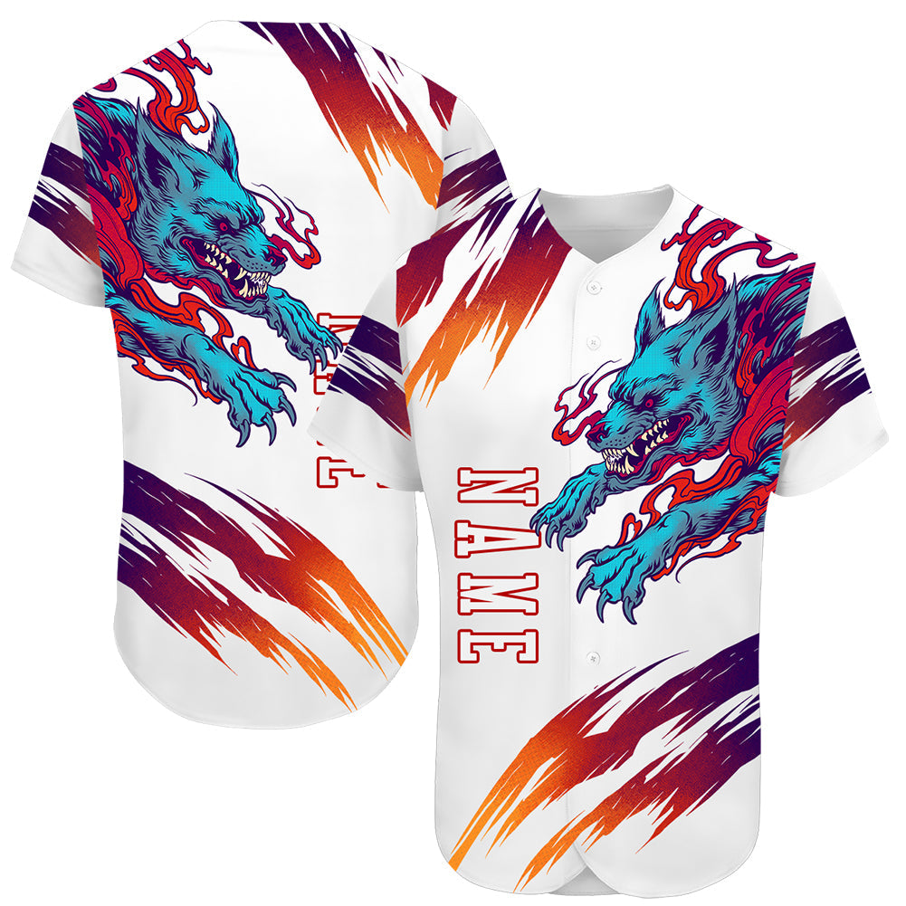 Custom White White-Red 3D Wolf Authentic Baseball Jersey - Main View
