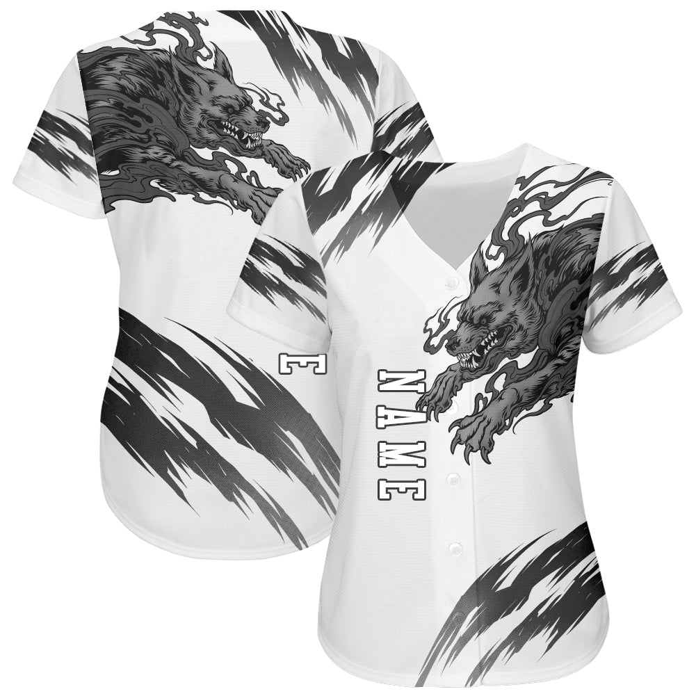 Custom White White-Black 3D Wolf Authentic Baseball Jersey view 2