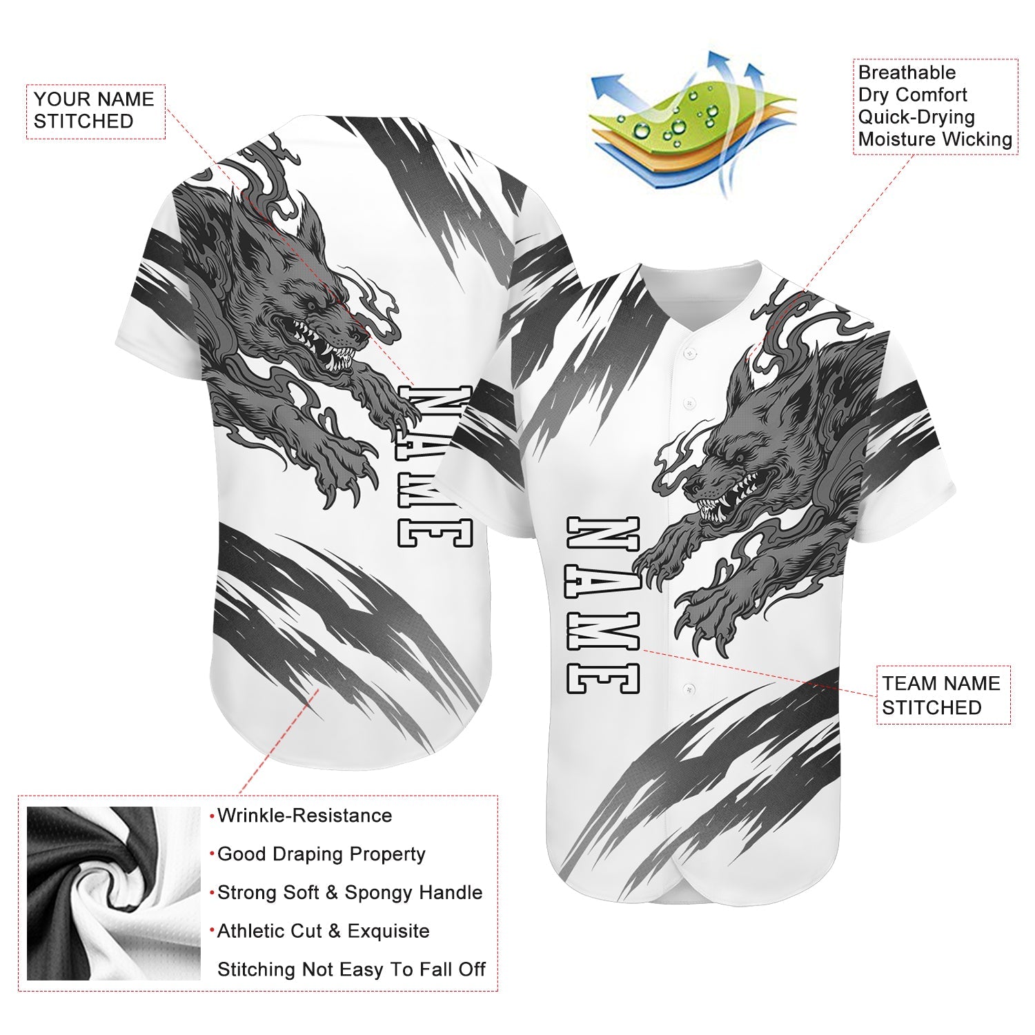 Custom White White-Black 3D Wolf Authentic Baseball Jersey view 3