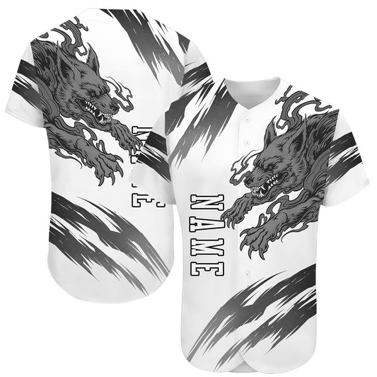 Custom White White-Black 3D Wolf Authentic Baseball Jersey - Main View