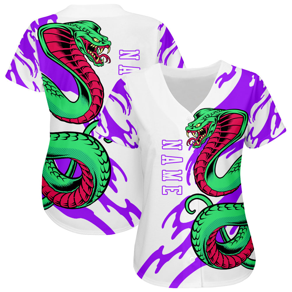 Custom White White-Purple 3D Snake Authentic Baseball Jersey view 2