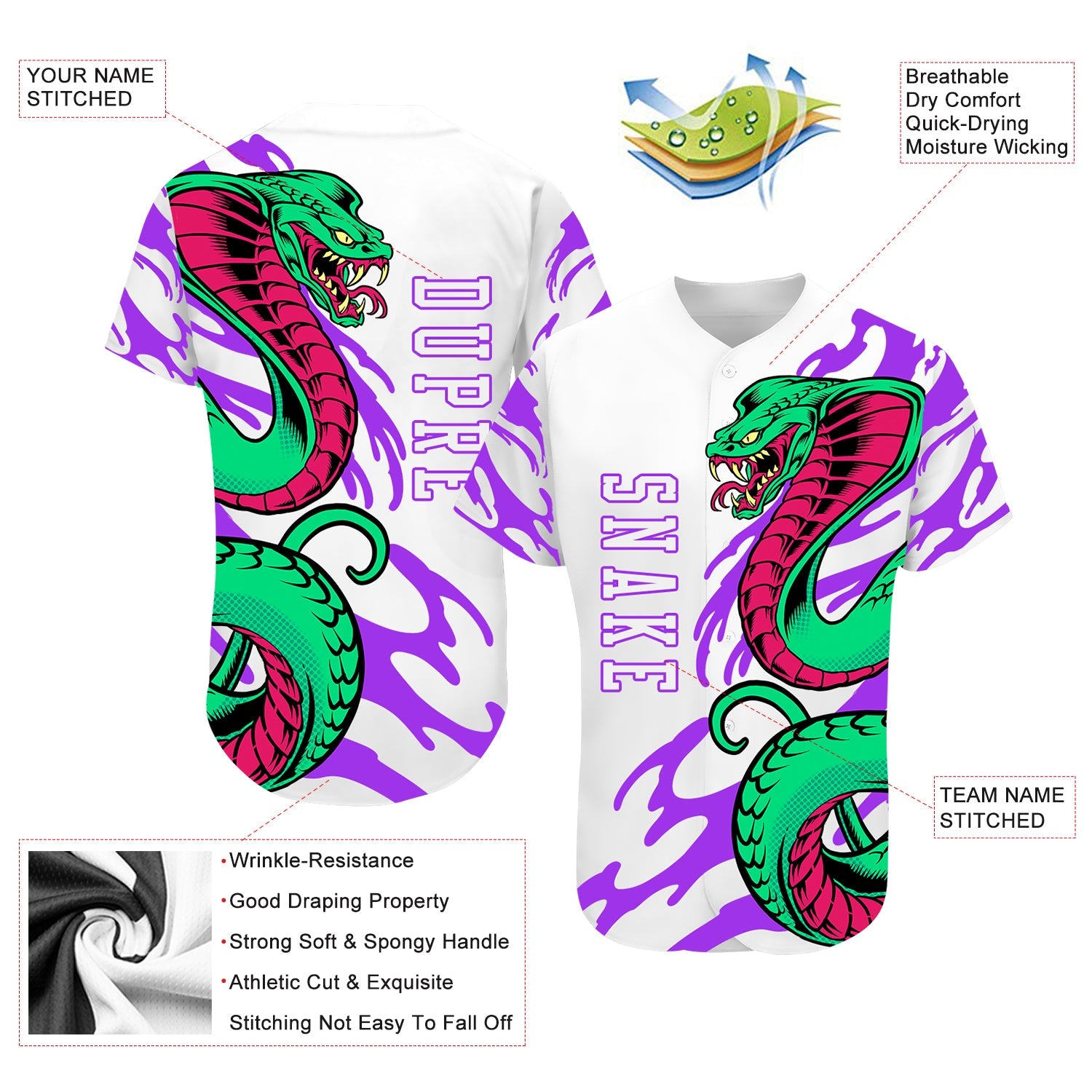 Custom White White-Purple 3D Snake Authentic Baseball Jersey view 3