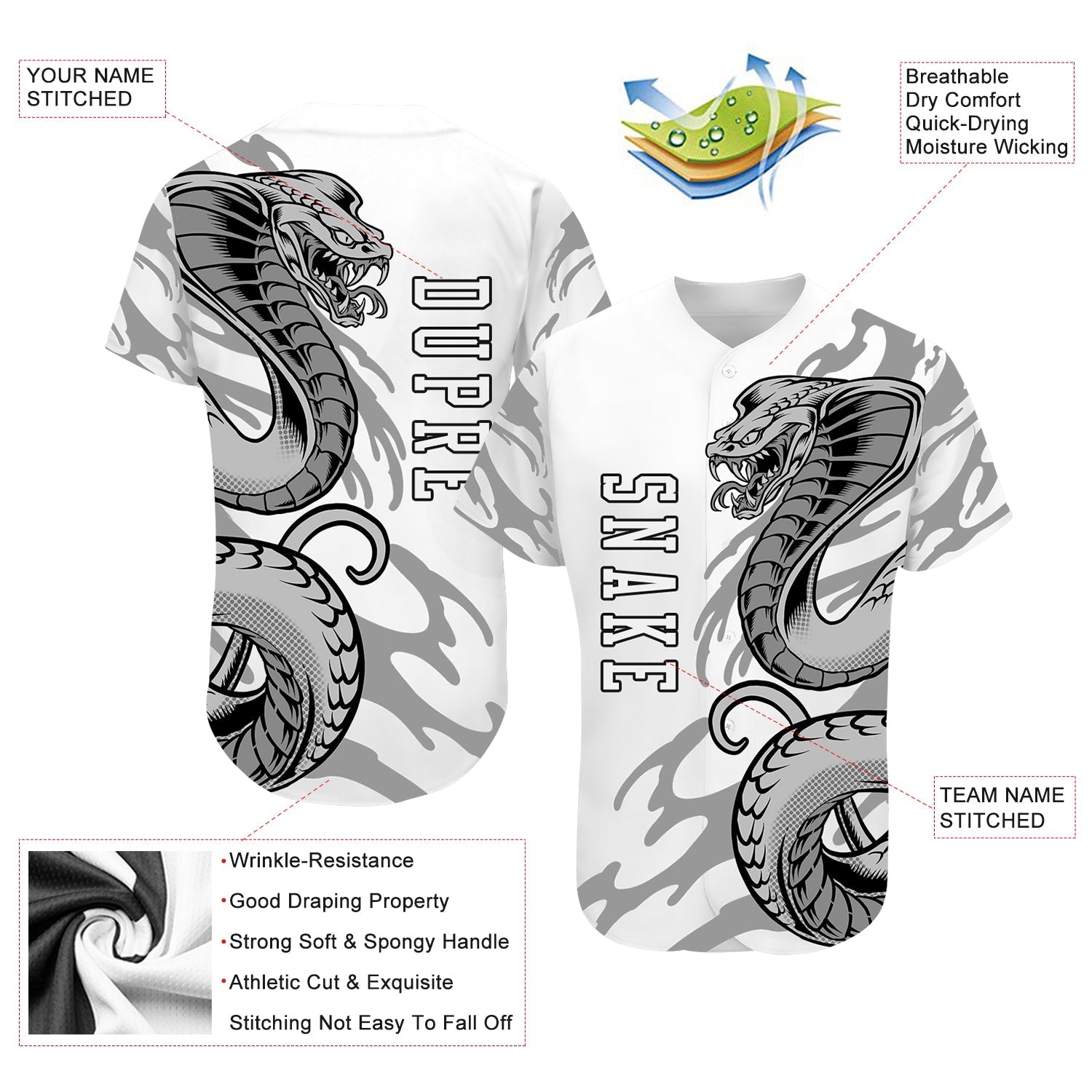 Custom White White-Black 3D Snake Authentic Baseball Jersey view 3