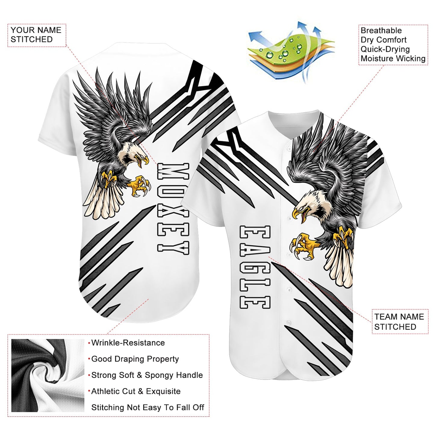 Custom White White-Black 3D Eagle Authentic Baseball Jersey view 3
