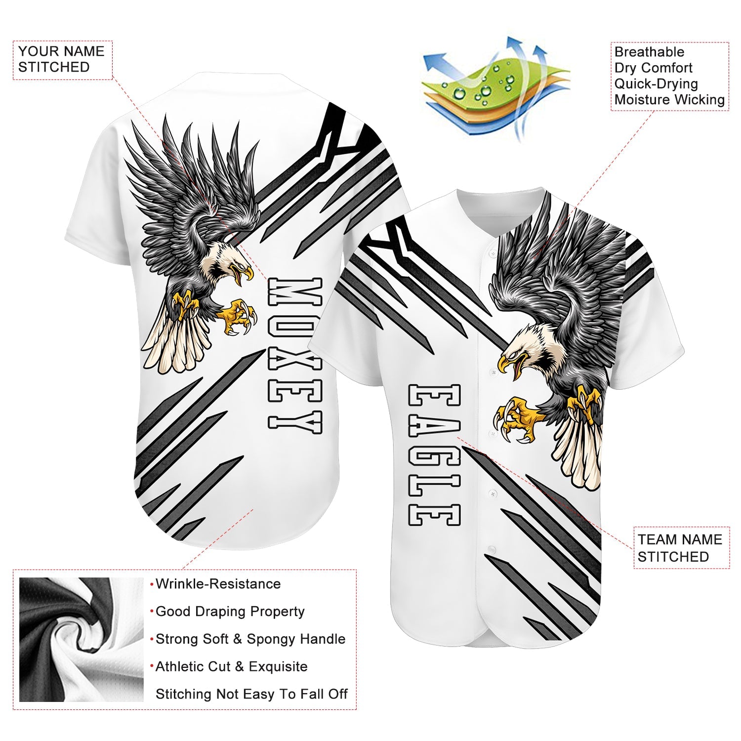 Custom White White-Black 3D Eagle Authentic Baseball Jersey view 3