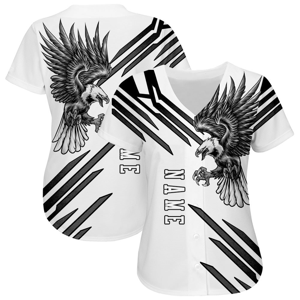 Custom White White-Black 3D Eagle Authentic Baseball Jersey view 2