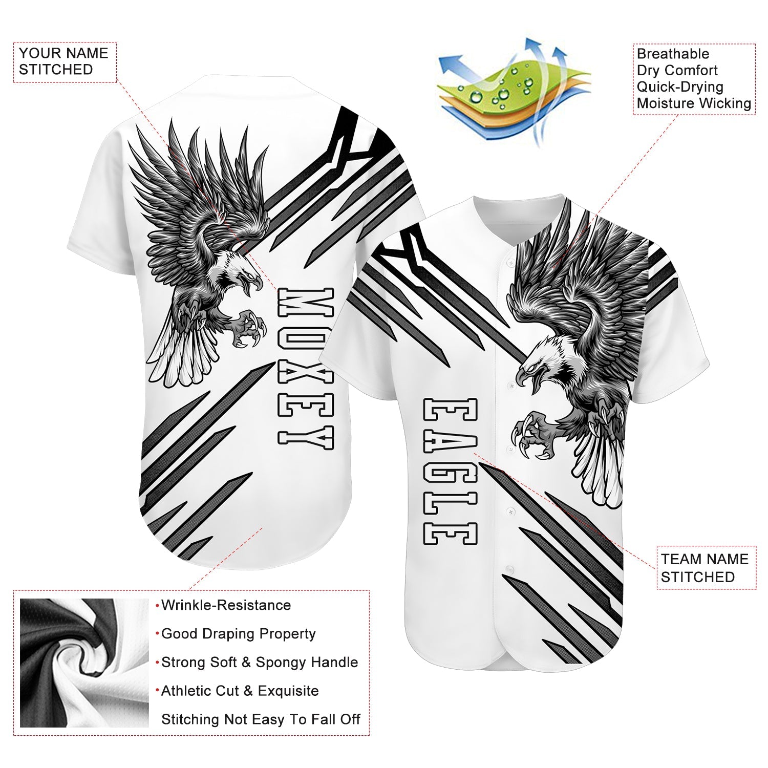 Custom White White-Black 3D Eagle Authentic Baseball Jersey view 3