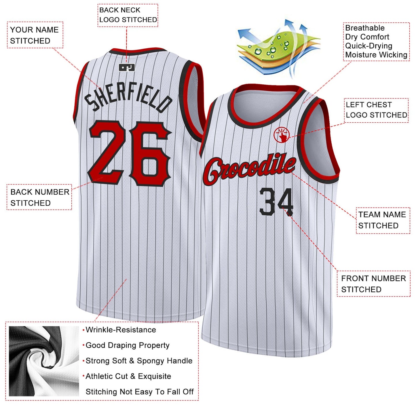 Custom White Black Pinstripe Red-Black Authentic Basketball Jersey view 2