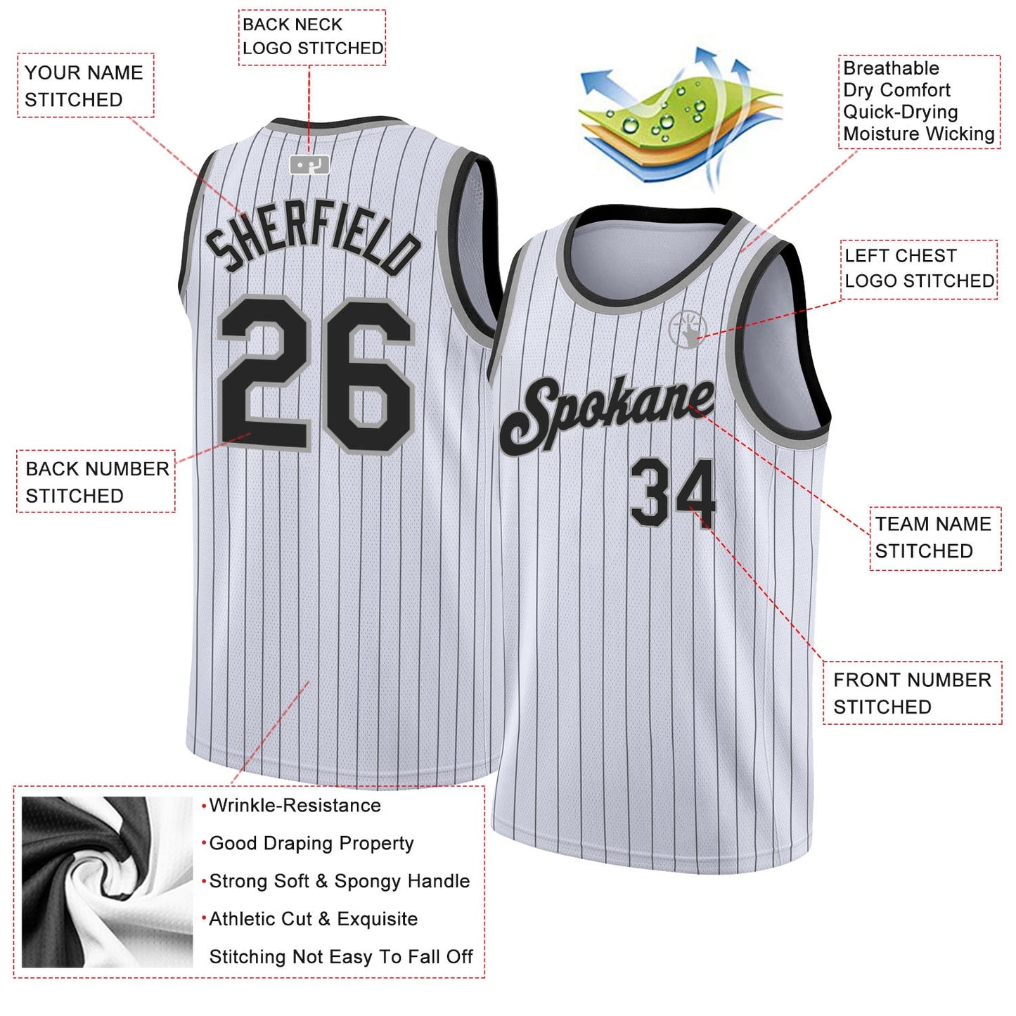 Custom White Black Pinstripe Black-Gray Authentic Basketball Jersey view 2