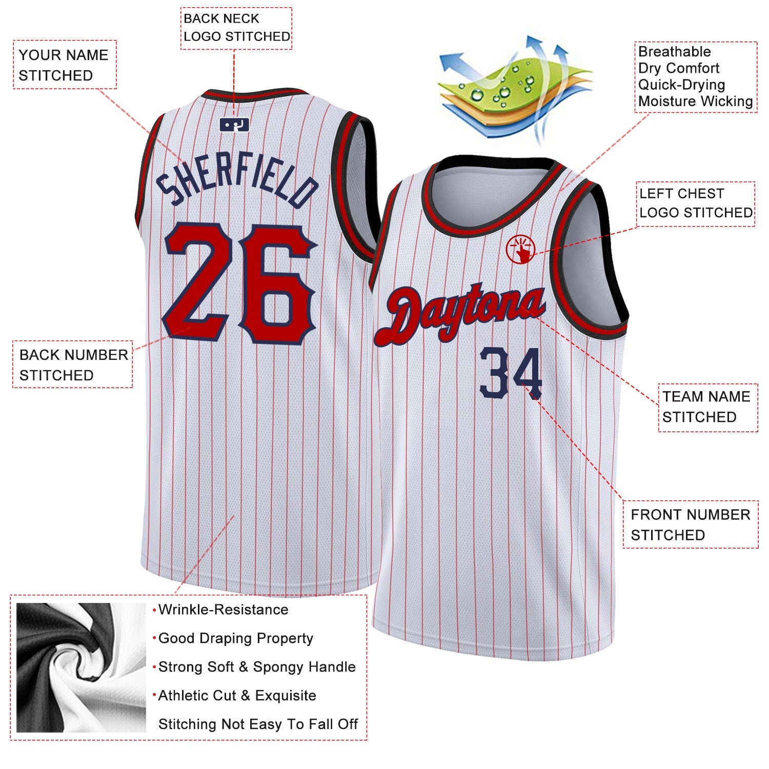 Custom White Navy Pinstripe Red-Navy Authentic Basketball Jersey view 2