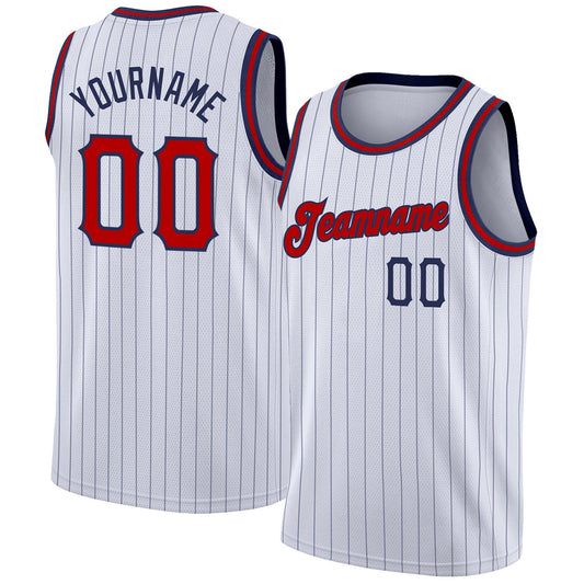 Custom White Navy Pinstripe Red-Navy Authentic Basketball Jersey - Main View