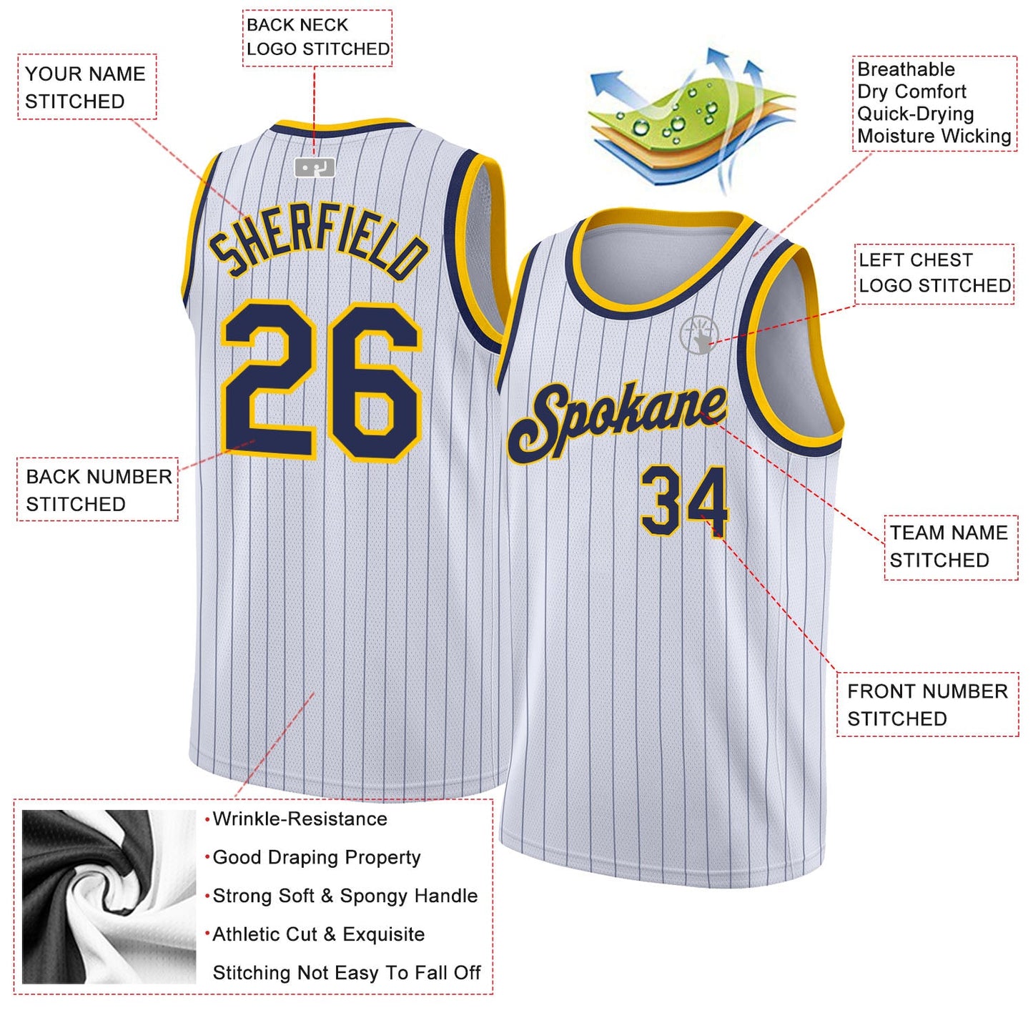 Custom White Navy Pinstripe Navy-Gold Authentic Basketball Jersey view 2