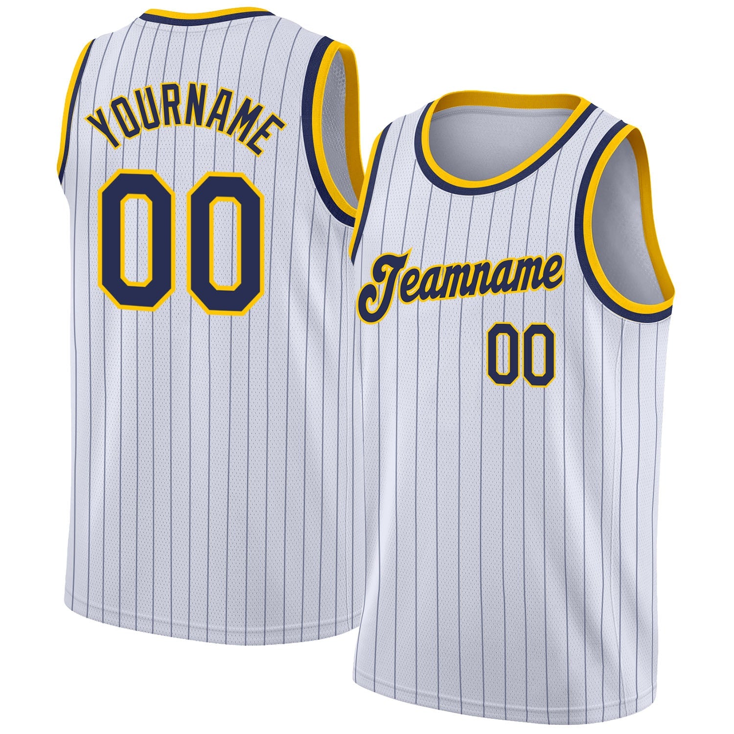 Custom White Navy Pinstripe Navy-Gold Authentic Basketball Jersey - Main View