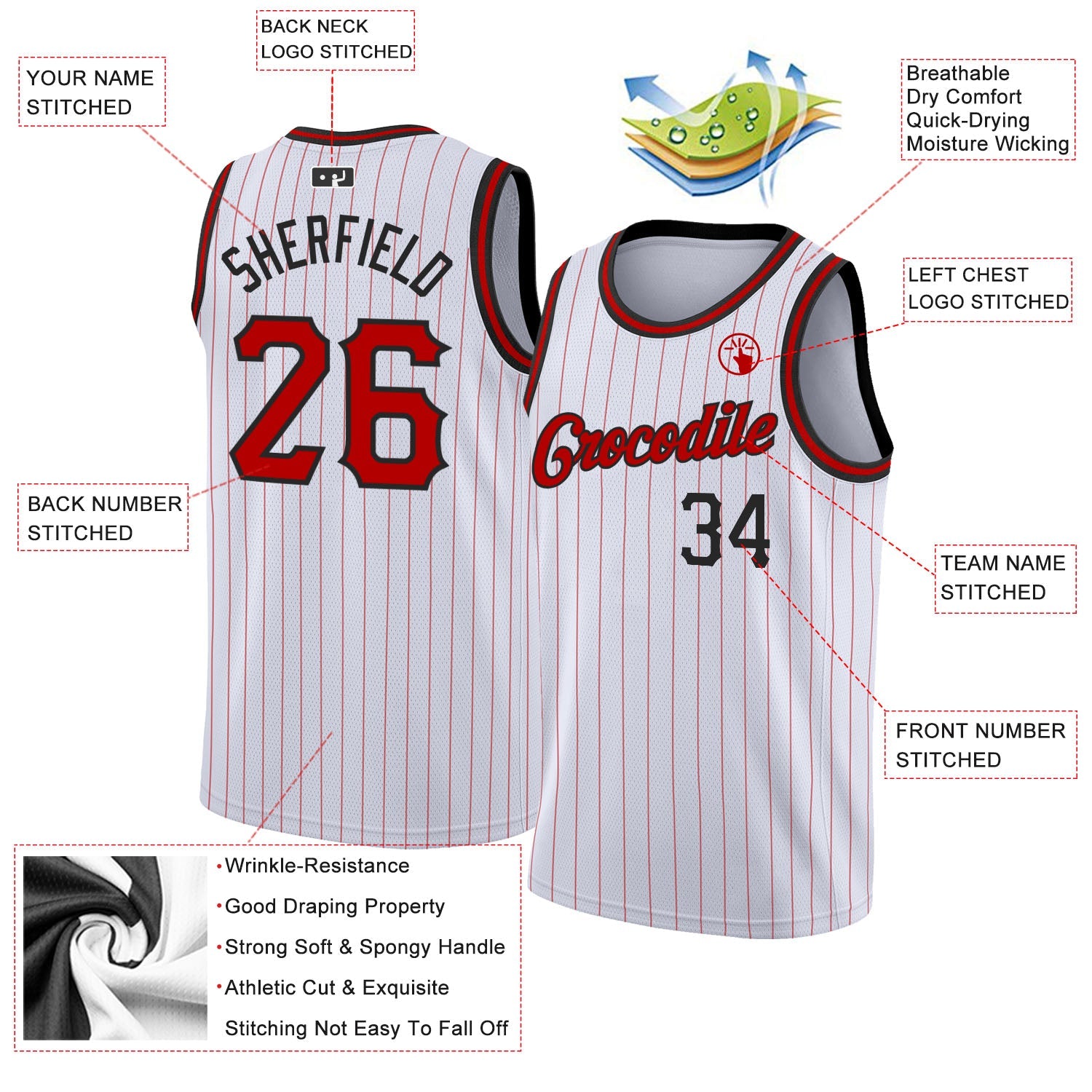 Custom White Red Pinstripe Red-Black Authentic Basketball Jersey view 2