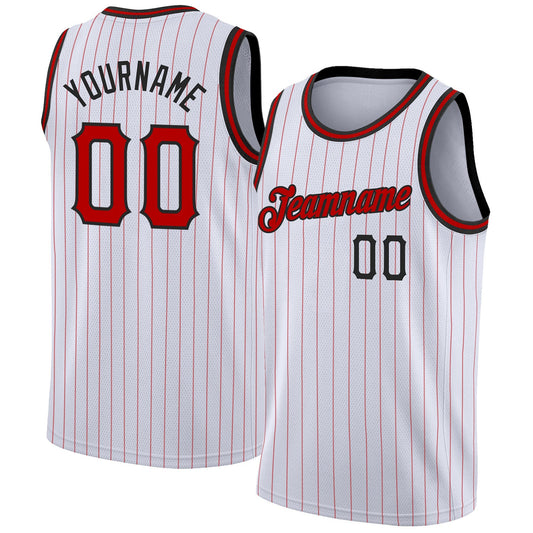 Custom White Red Pinstripe Red-Black Authentic Basketball Jersey - Main View