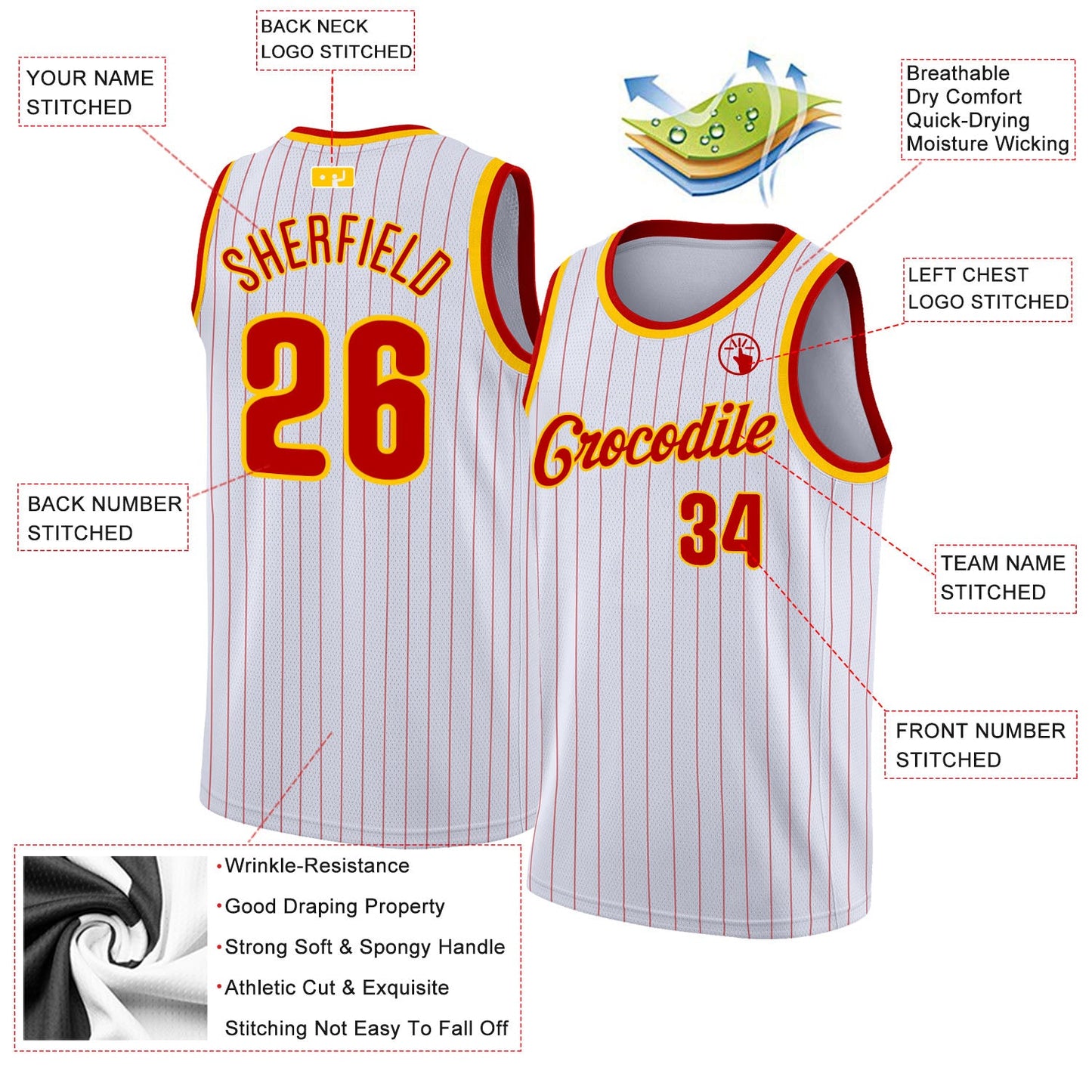 Custom White Red Pinstripe Red-Gold Authentic Basketball Jersey view 2