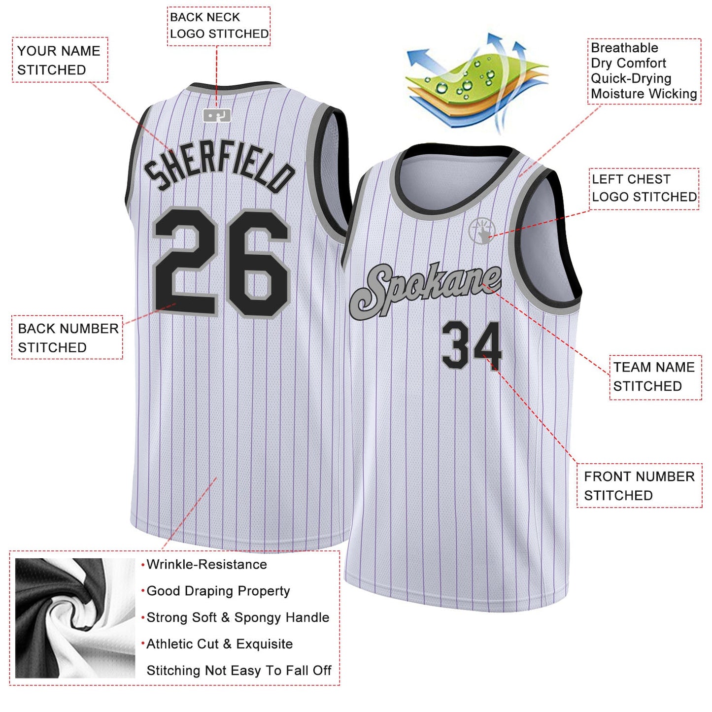 Custom White Purple Pinstripe Black-Gray Authentic Basketball Jersey view 2