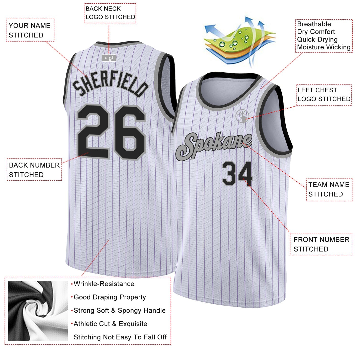 Custom White Purple Pinstripe Black-Gray Authentic Basketball Jersey view 2